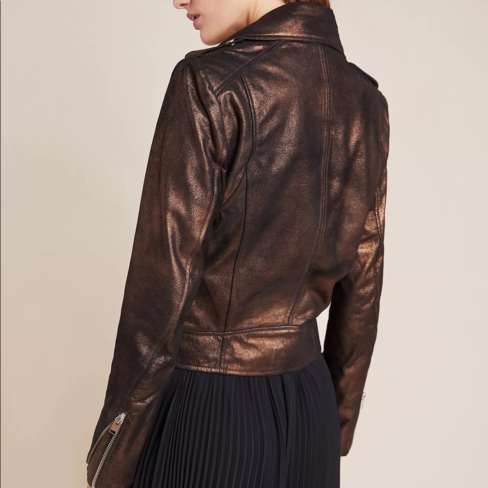NWT $595 Lamarque Donna Metallic Leather Moto Jacket XS Z147-14 - Picture 4 of 9